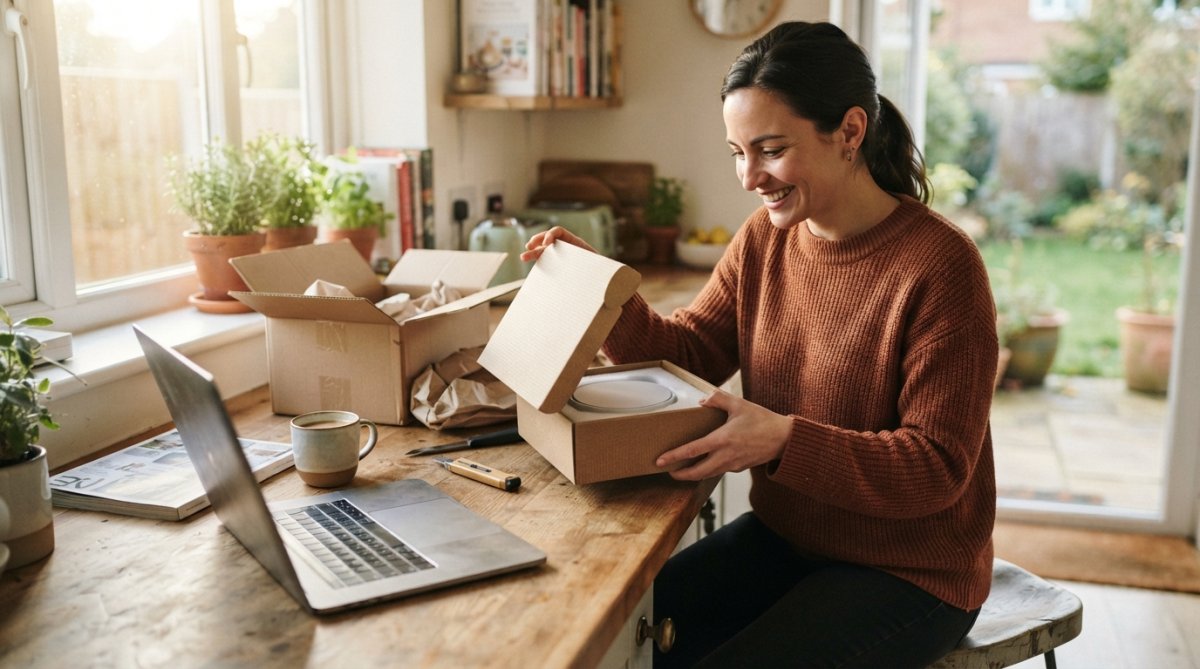 A happy customer unboxing a smart home device at their kitchen counter, warm morning light streaming through the window, with a laptop showing the order confirmation screen nearby