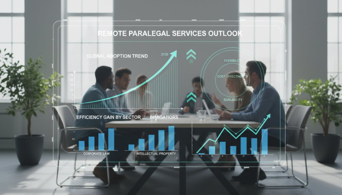 Line graph showing the projected growth of the remote paralegal services market through 2035, with labels for key growth drivers and market size milestones.