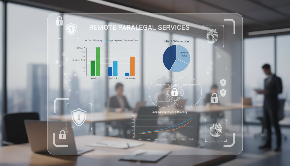 Comparison table outlining the pricing models (hourly, subscription, per-case), areas of specialization (e.g., litigation, real estate, intellectual property), and security protocols (e.g., encryption, data storage) of the top remote paralegal services.