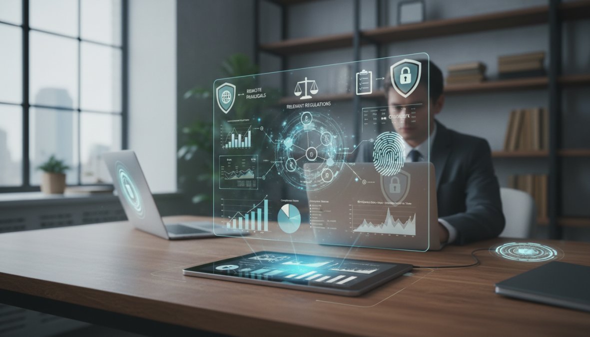 Checklist outlining essential security and compliance measures for law firms using remote paralegals, including data encryption, access controls, client confidentiality agreements, and compliance with relevant regulations.