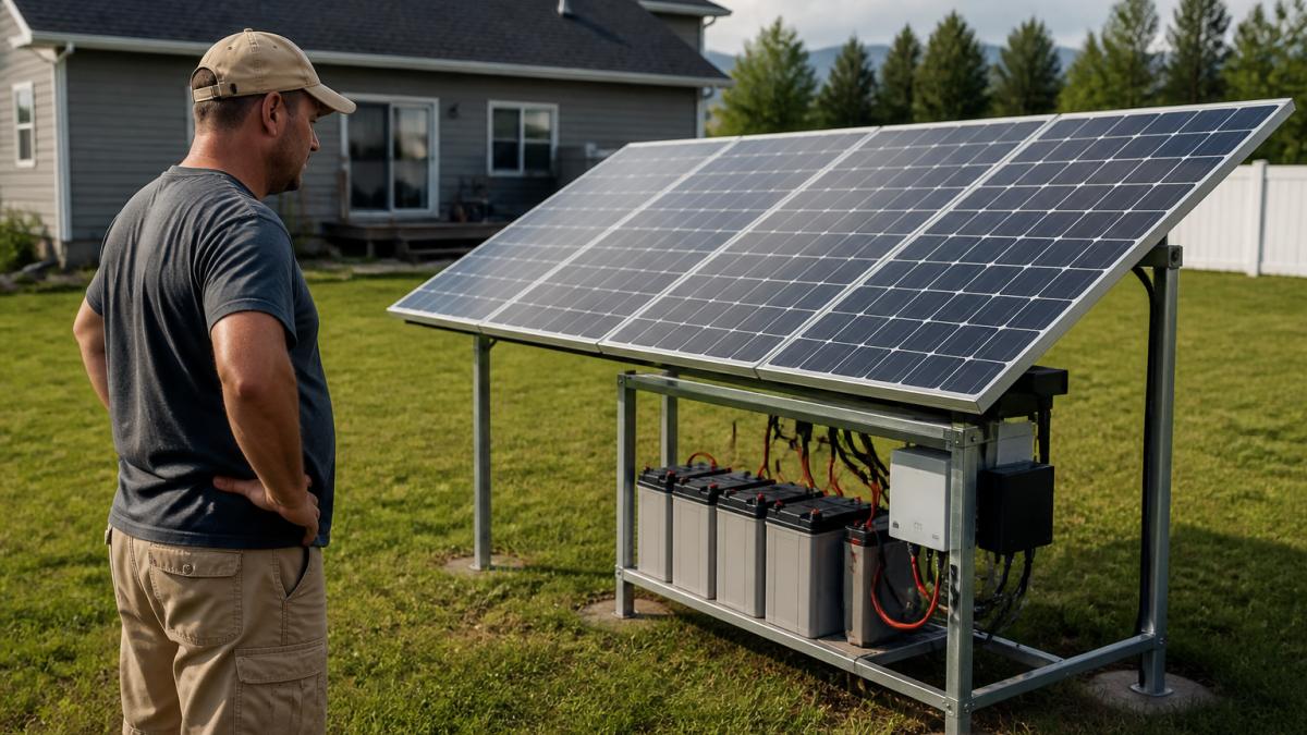 A homeowner in a suburban backyard inspecting a small ground-mounted solar panel array connected to a battery bank, with a family home visible in the background