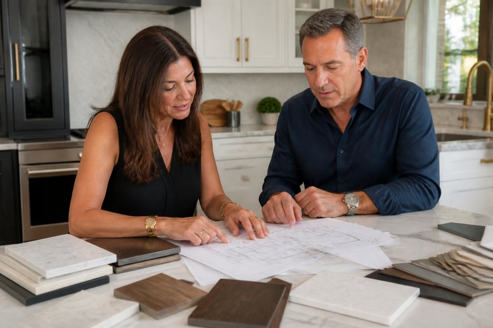 Homeowner reviewing kitchen remodeling design plans with designer at a consultation table, looking at material samples and floor layouts in bright studio setting