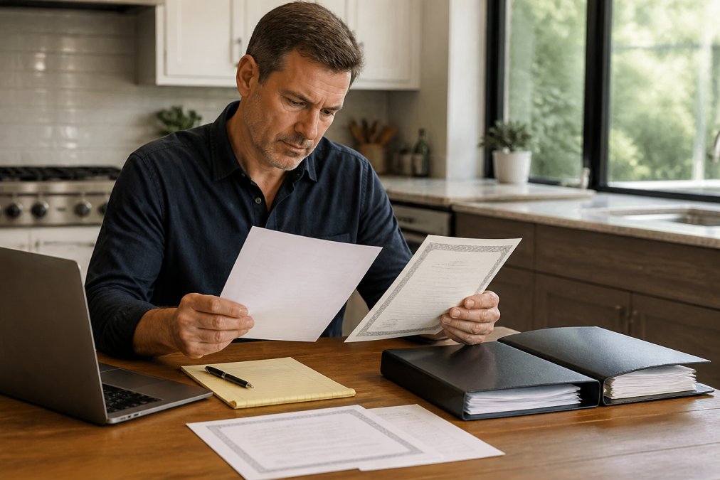 Homeowner reviewing contractor license documents and insurance certificates at kitchen table with laptop, notepad, and folder of contractor information in natural daylight