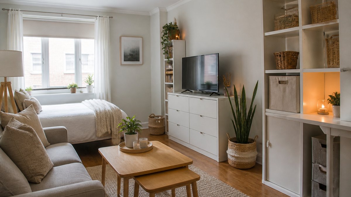 Diagram illustrating small apartment layouts using renter-friendly furniture brands for efficient storage.