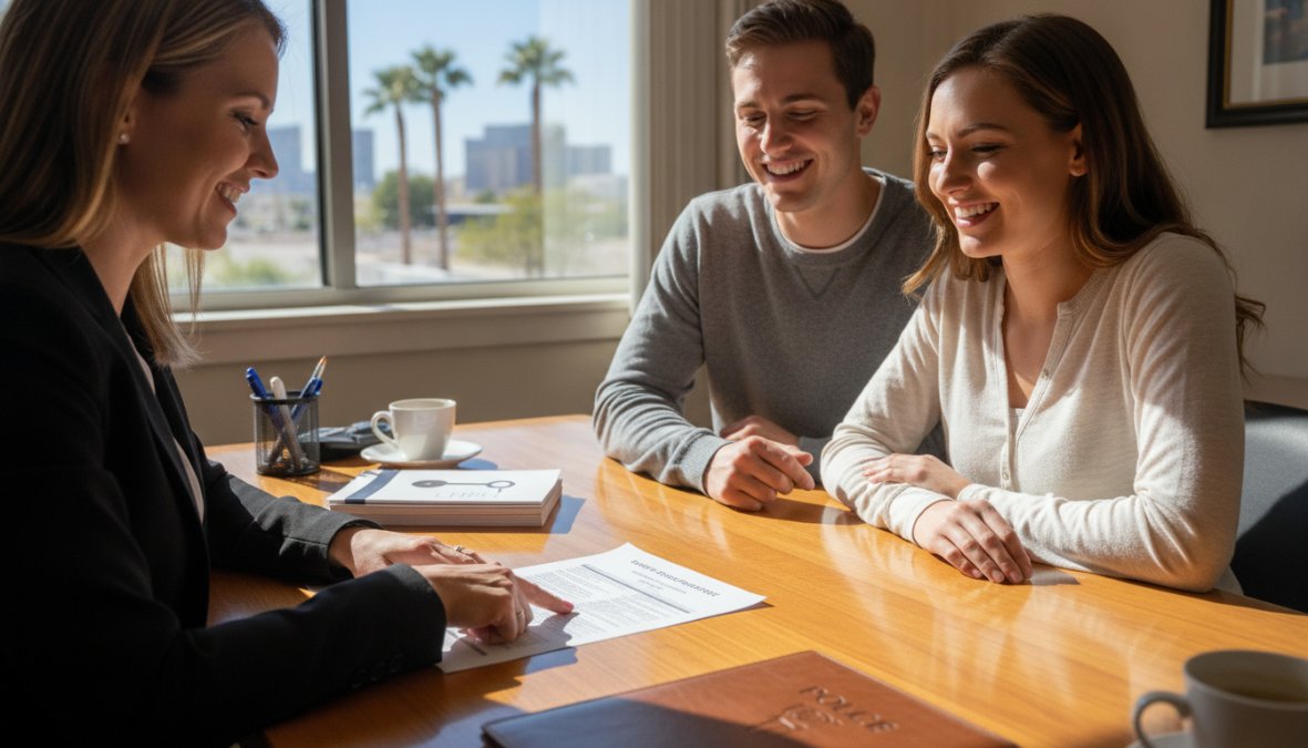 A friendly [insurance agent](/benefits-of-using-an-independent-insurance-agent/) sitting across a desk from a young couple in a bright modern office, pointing at a document and explaining coverage options, all three people smiling, natural window light filling the room