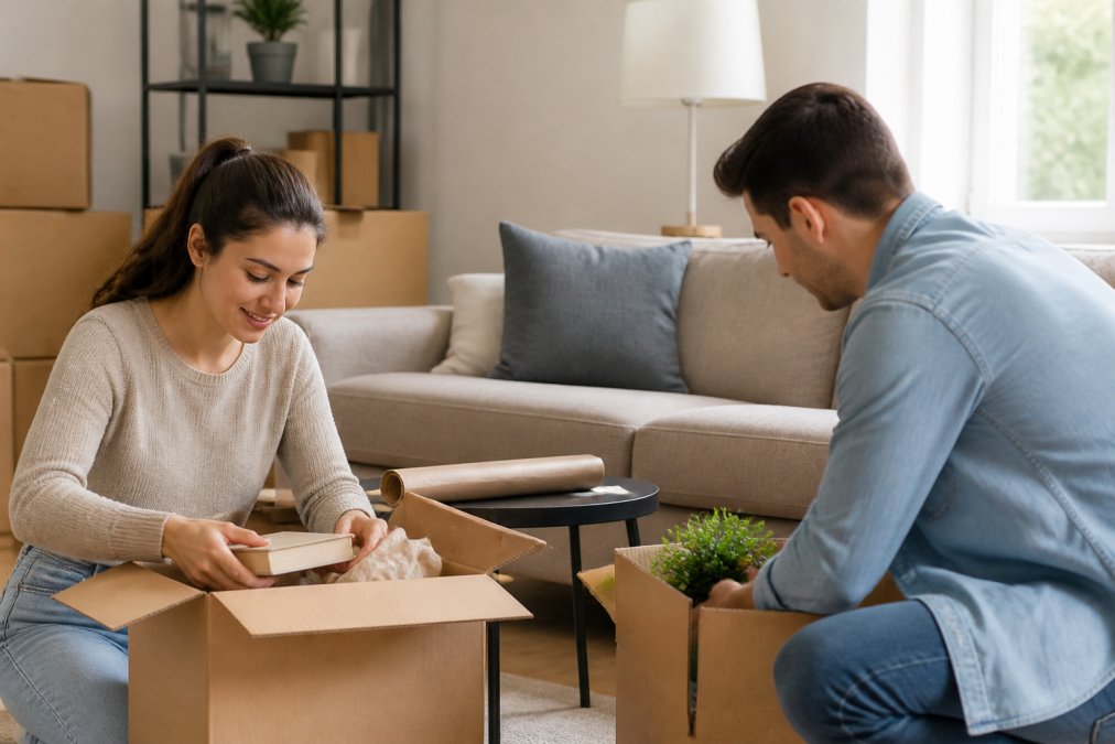 A young couple packing cardboard boxes with household belongings in a bright apartment living room, with a laptop on the couch showing an insurance website