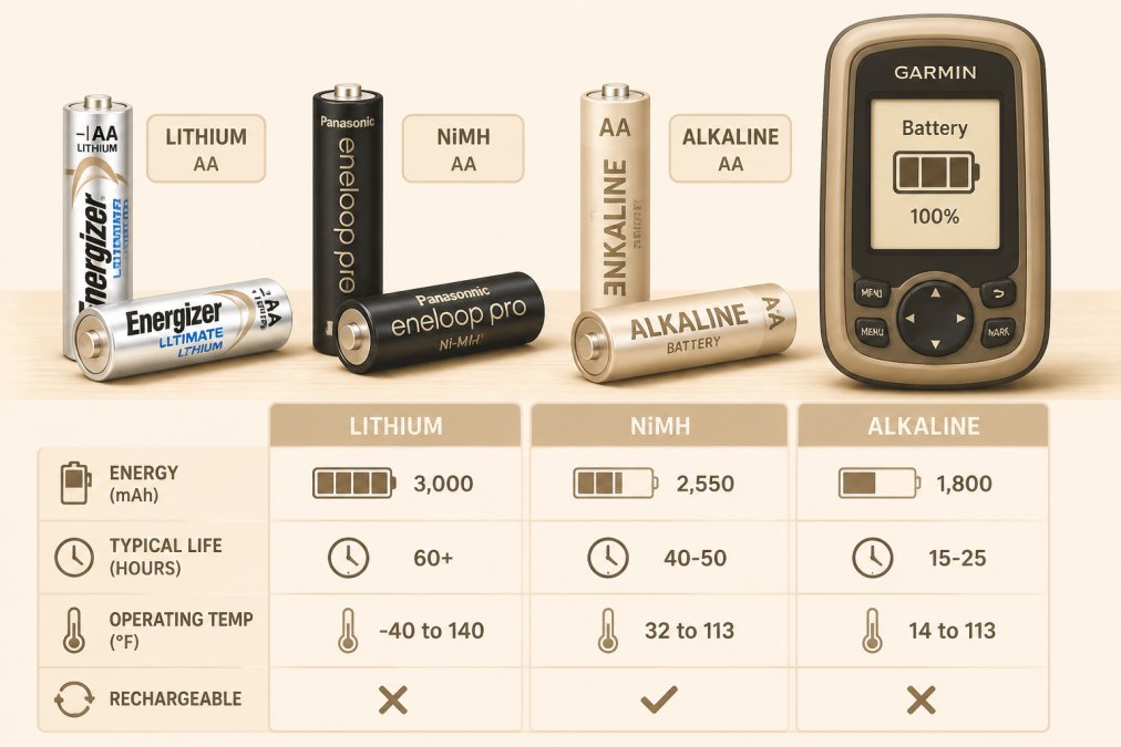 Close-up of Energizer Ultimate Lithium AA batteries, Panasonic Eneloop Pro rechargeable NiMH batteries, and standard alkaline batteries arranged on a wooden surface next to a handheld Garmin GPS device showing battery indicator