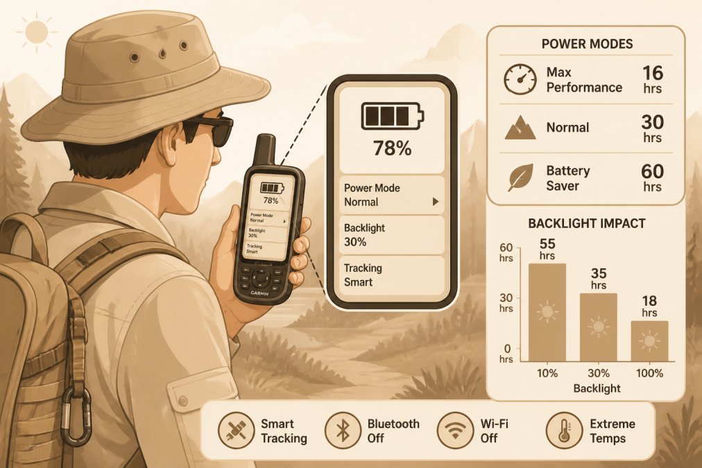 Outdoor field researcher holding a handheld Garmin GPS device in bright daylight, focused on the device's screen showing battery indicator and power consumption settings, with natural landscape in background