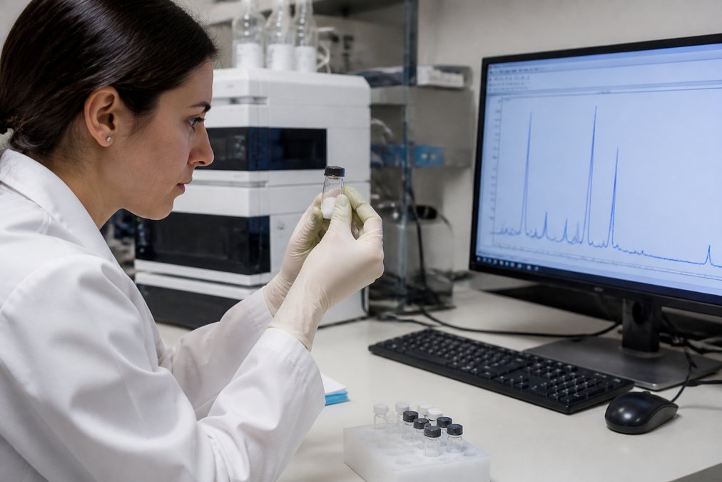 A scientist in a laboratory coat examining a lyophilized peptide vial next to a computer displaying HPLC chromatogram data, cool blue monitor glow and white benchtop lighting