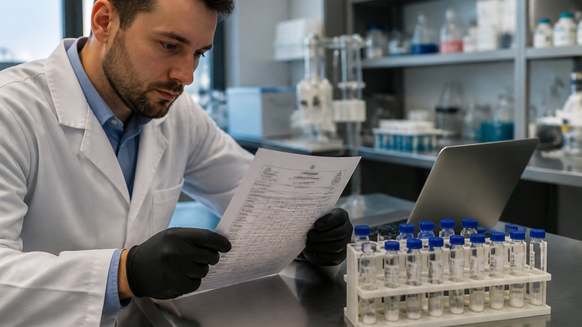 A researcher in a lab coat reviewing a Certificate of Analysis document beside a laptop and a rack of labeled peptide vials on a clean bench