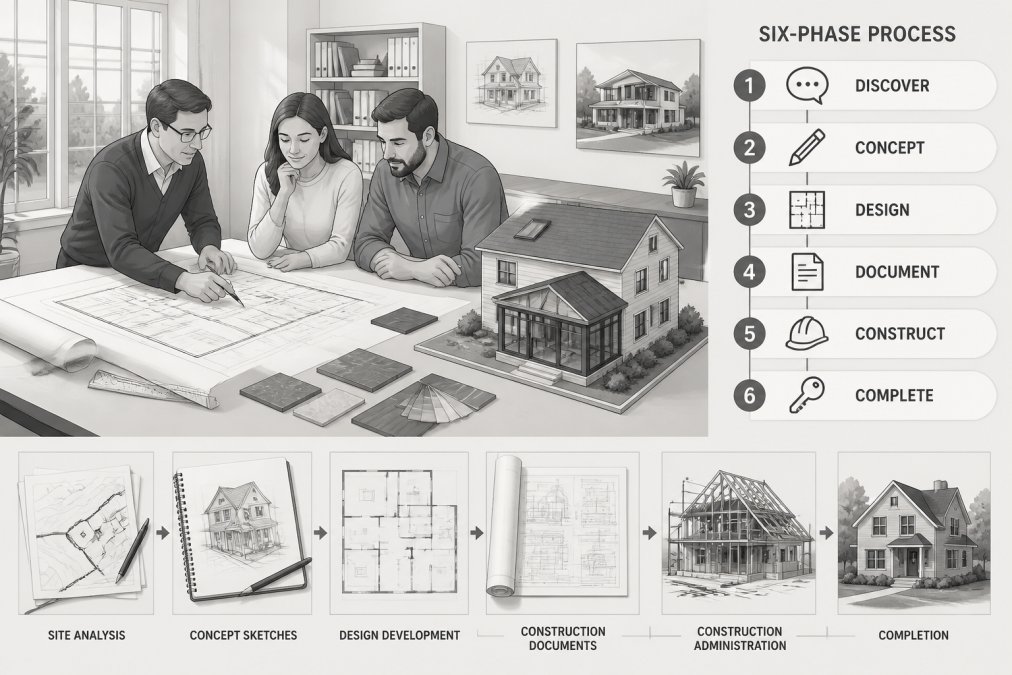 Infographic of the six-phase design process used by residential architects to plan home additions with clients.