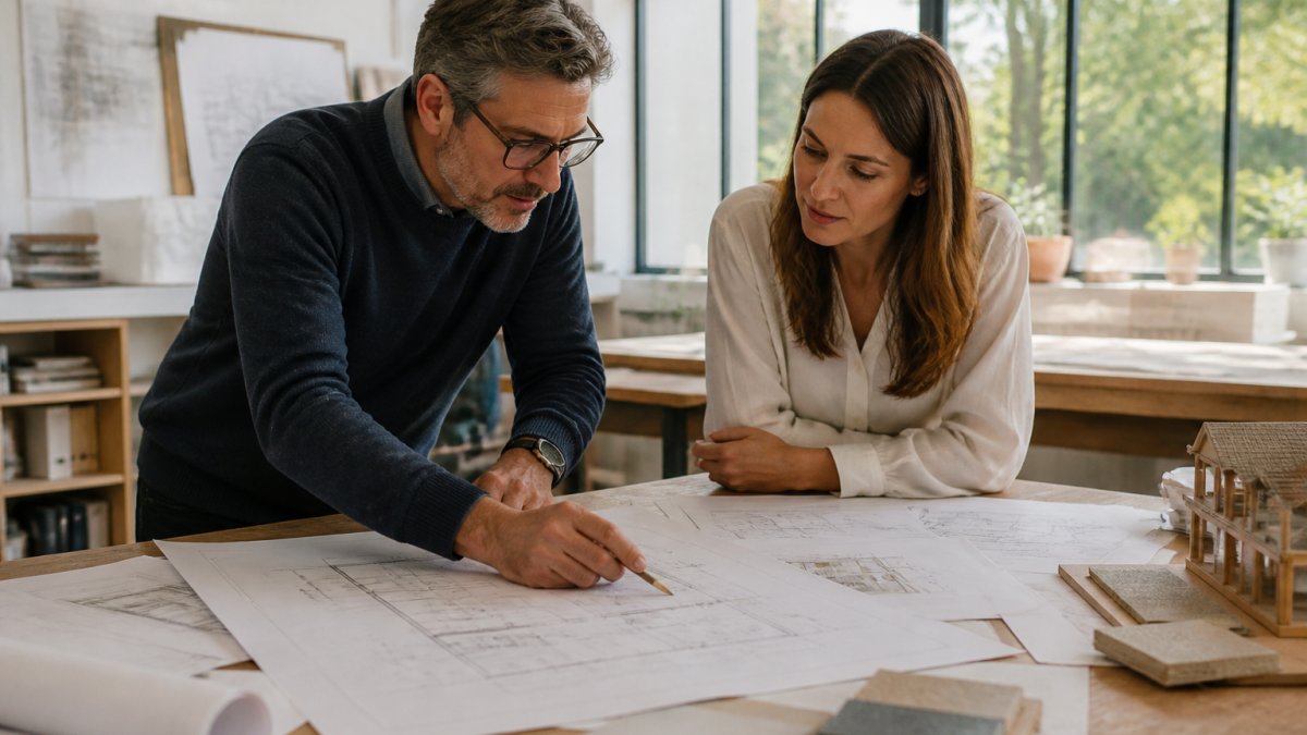 Architect and client reviewing design plans in a studio to explain the process used by residential architecture firms
