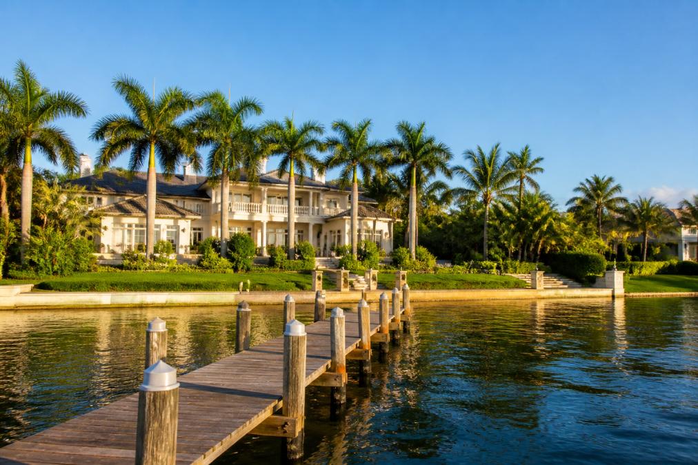 Luxury waterfront estate with manicured landscaping, private dock extending into Intracoastal, morning sunlight reflecting off water, palm trees framing the property