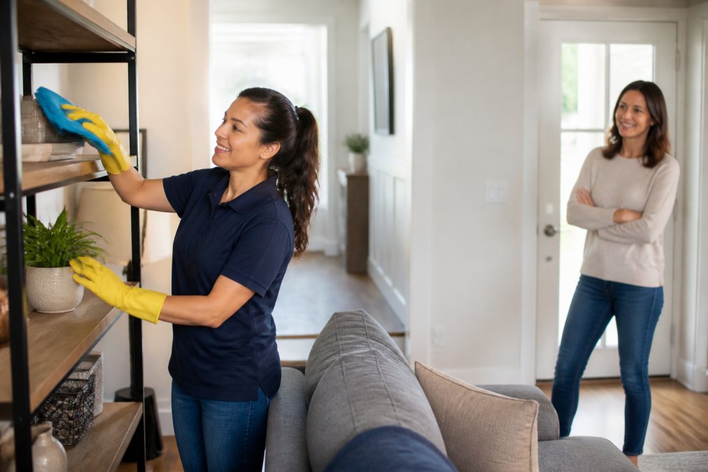 A professional cleaner in a bright modern living room dusting a shelf while a homeowner looks on approvingly from the doorway