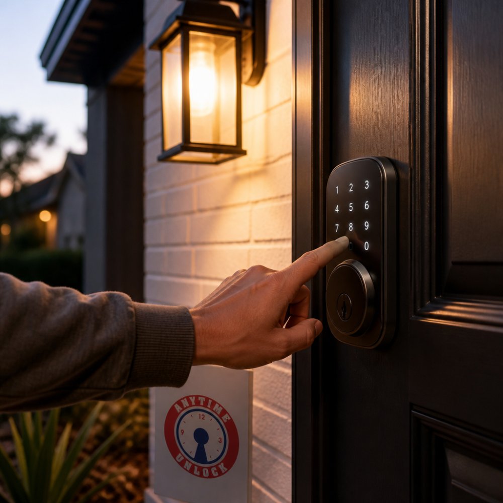Close-up of a homeowner's hand pressing the keypad on a modern smart lock mounted on a residential front door, warm porch lighting at dusk