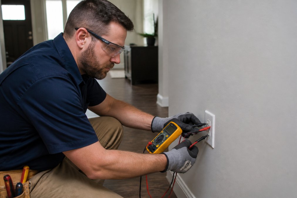 Licensed electrician using a digital multimeter to test voltage at a residential electrical outlet while inspecting a home's wiring system