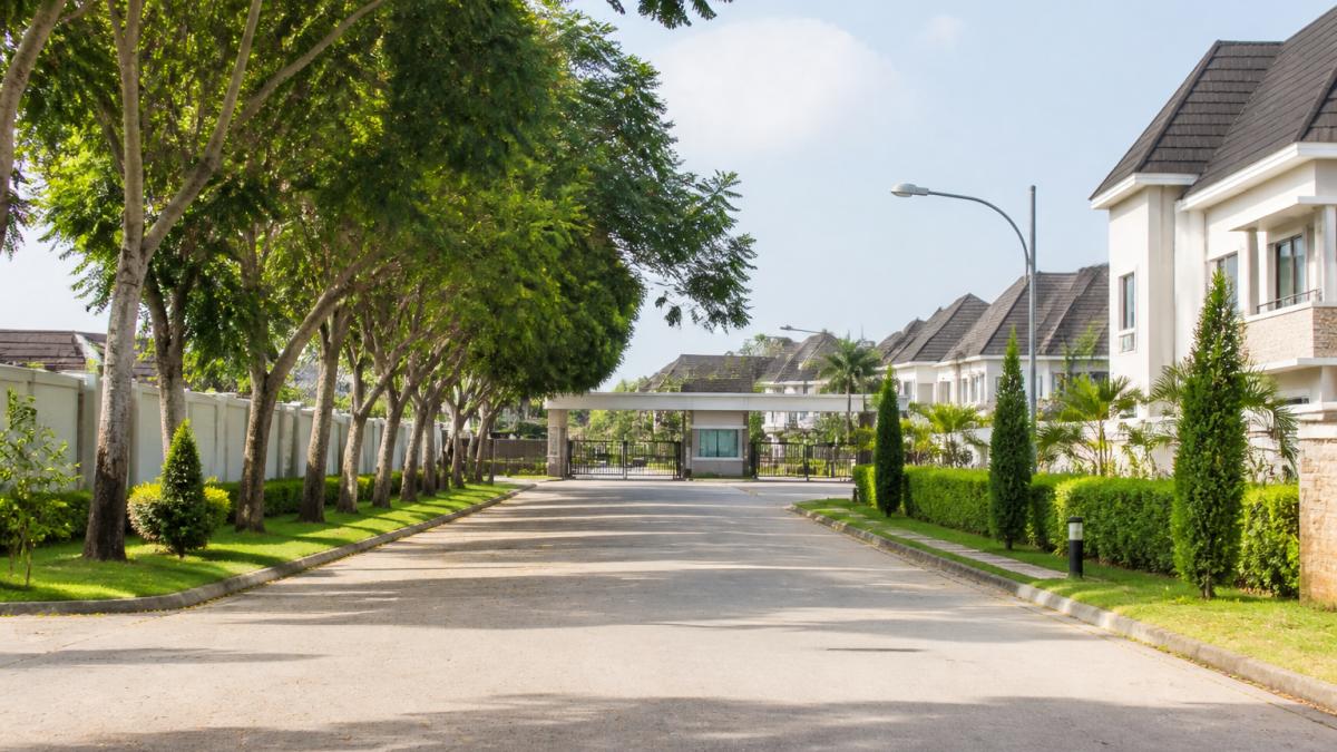 Tree-lined avenue in a gated residential estate with modern detached homes, manicured green spaces, and controlled-access security gate at entrance