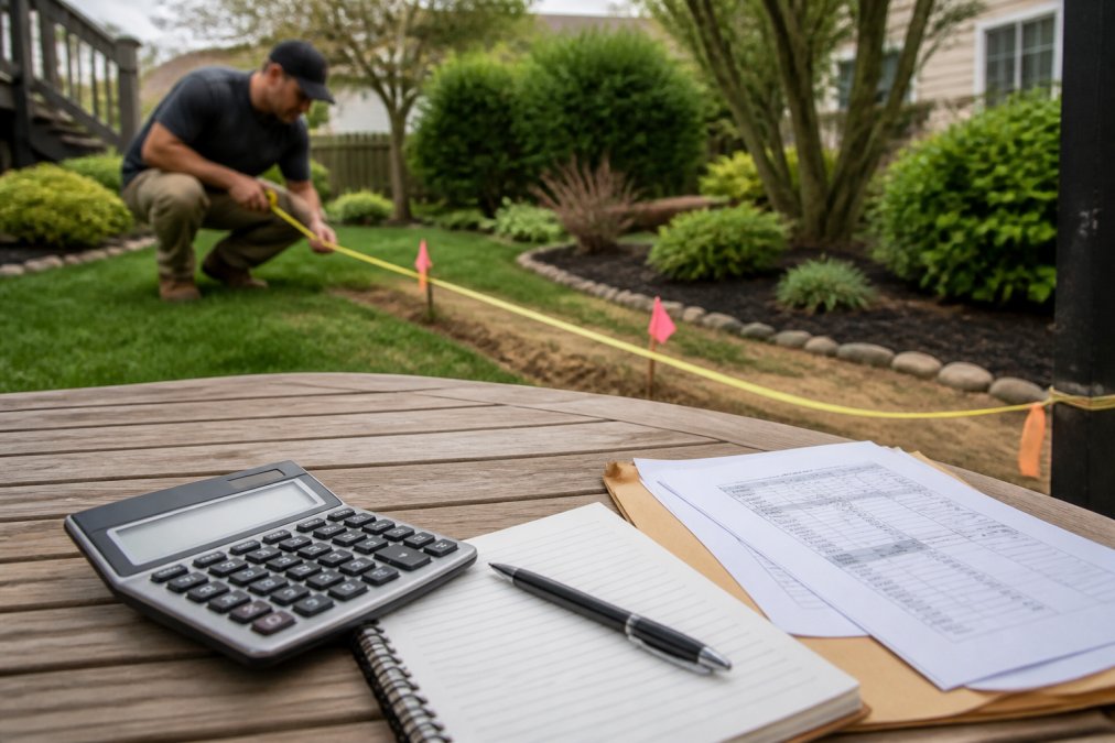 Professional fence contractor measuring property line with tape measure and marking stakes in residential backyard with varied terrain and landscaping