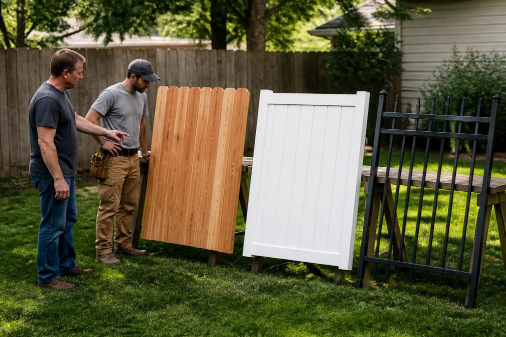 Homeowner and contractor comparing cedar, vinyl, and aluminum residential fence materials in a sunny backyard.