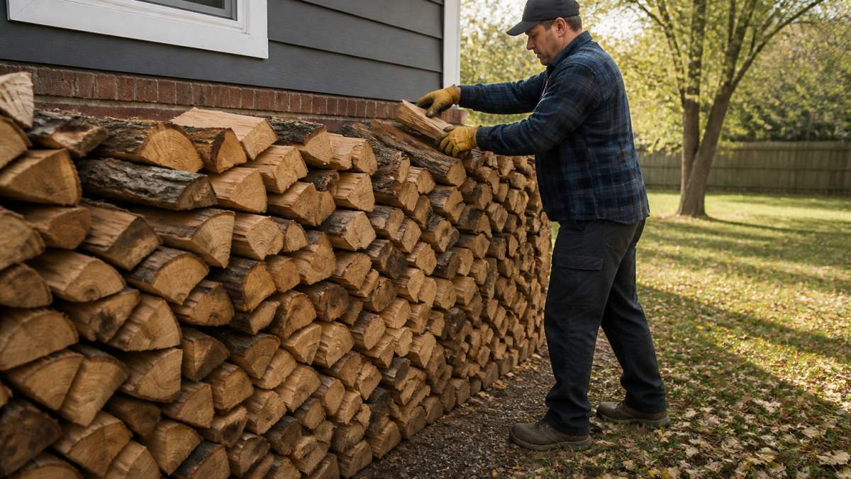 A neatly stacked pile of split firewood beside a suburban home, a person in work gloves placing logs onto the stack under clear afternoon light