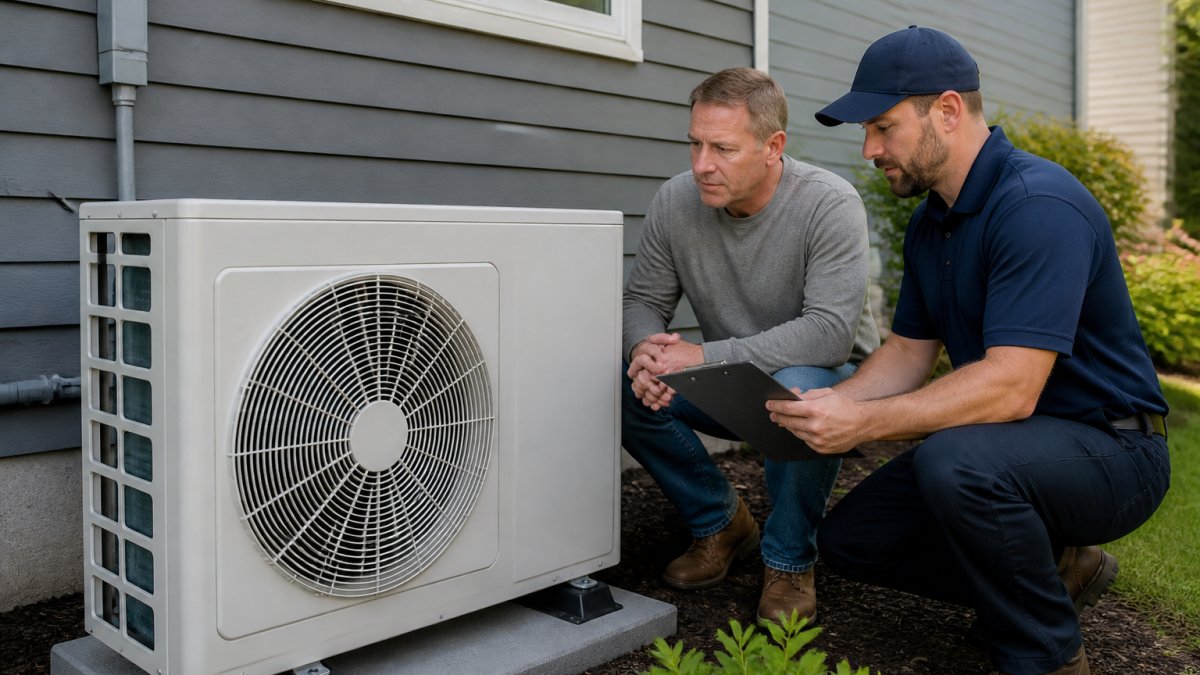 A homeowner and an HVAC technician inspecting a newly installed outdoor heat pump unit beside a suburban house, clipboard in hand, clear daylight