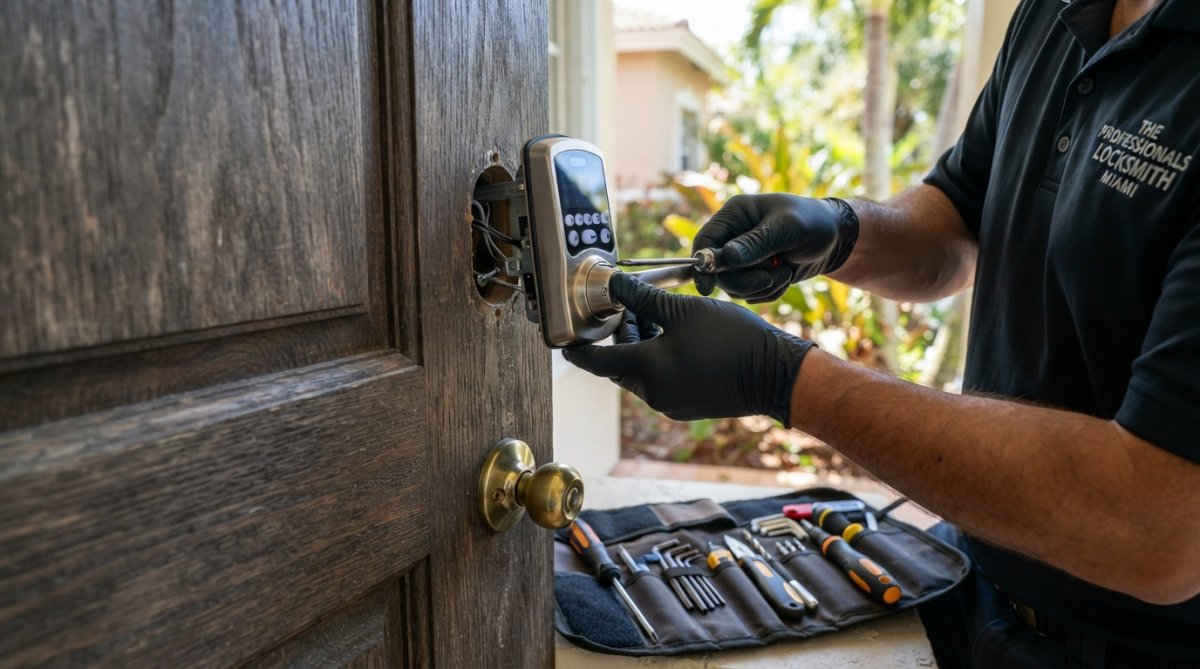 Close-up of a professional locksmith's hands installing a modern keypad deadbolt on a residential front door, tools laid out on a cloth nearby, bright daylight