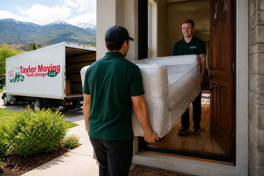 A professional moving crew in matching uniforms carrying a wrapped sofa through the front door of a Colorado home, with a moving truck parked in the driveway behind them