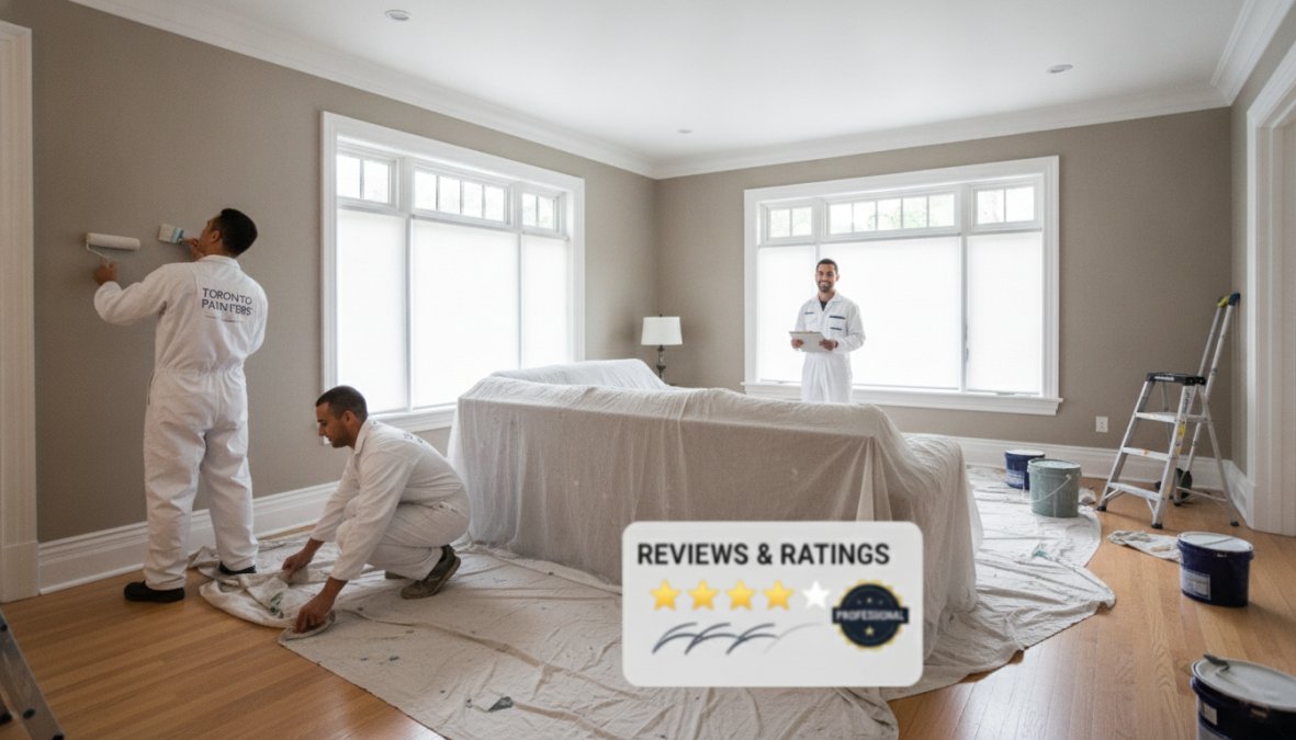Two uniformed painters in matching branded shirts carefully applying fresh white interior paint to a residential living room wall using a roller and brush, with drop cloths protecting the hardwood floor and bright natural light streaming through large windows