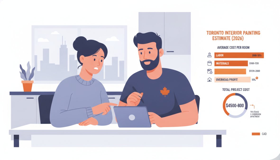 A homeowner and a painter sitting at a kitchen table together, reviewing a detailed written project proposal with paint swatches and a floor plan spread out, warm interior lighting overhead