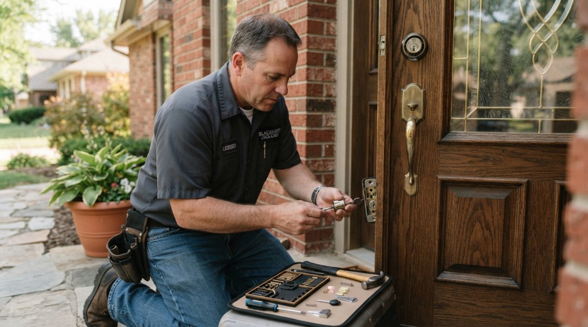 A licensed locksmith technician kneeling at a residential front door, using professional rekeying tools to adjust a deadbolt cylinder on a wooden door in afternoon natural light