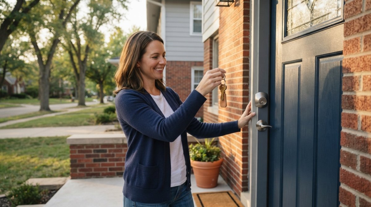 A homeowner holding a new set of house keys at the front door of a freshly painted home, with a high-security deadbolt lock visible on the door frame in warm late-afternoon sunlight