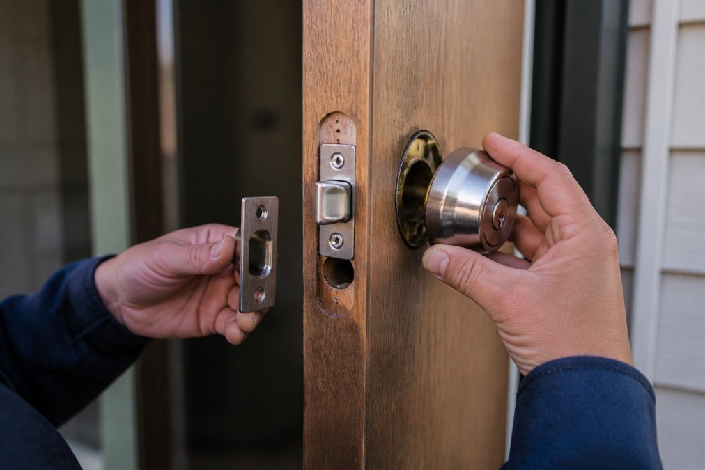Locksmith installing a high-security deadbolt on a residential door to highlight key features of top security lock brands