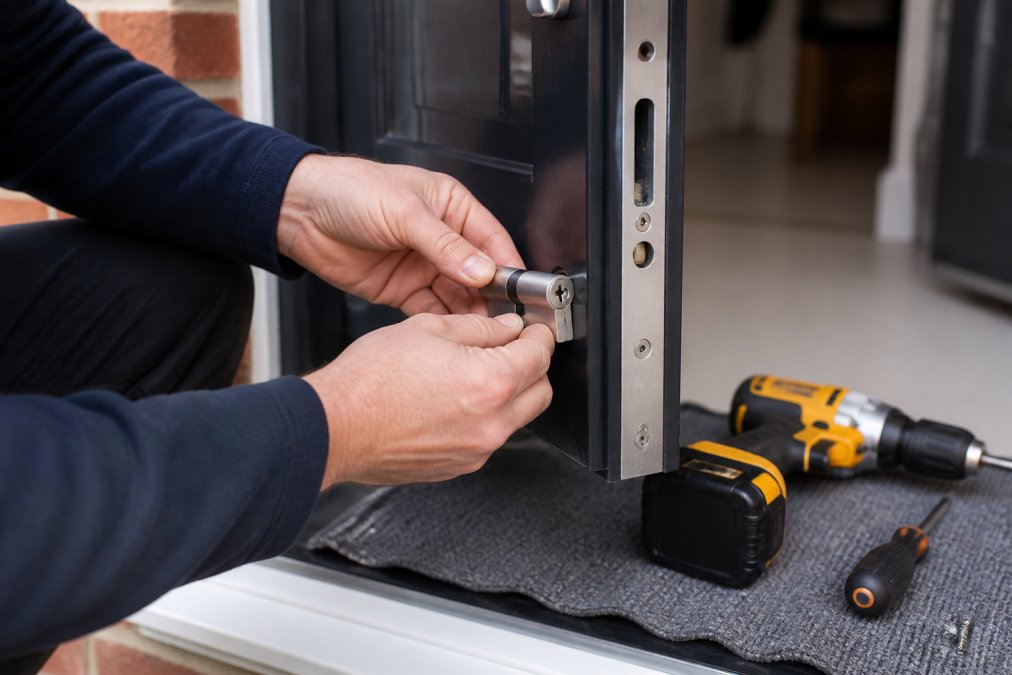 A close-up of a locksmith's hands fitting a high-security euro cylinder into a uPVC door, with a drill and screwdriver on a protective mat nearby