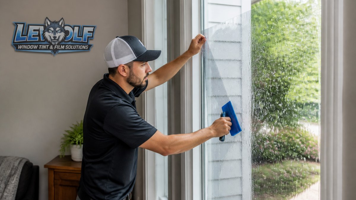 Professional window tint technician carefully applying residential window film to a home window with precision squeegee tools, showing meticulous technique and attention to detail in a bright residential setting