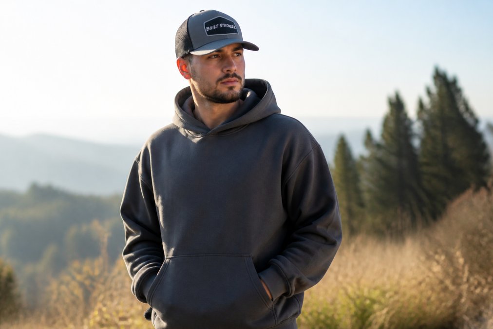 Person wearing EVRMORE What Broke Me heavyweight hoodie in slate color, standing confidently outdoors with natural morning light, showing the boxy fit and chest graphic clearly visible