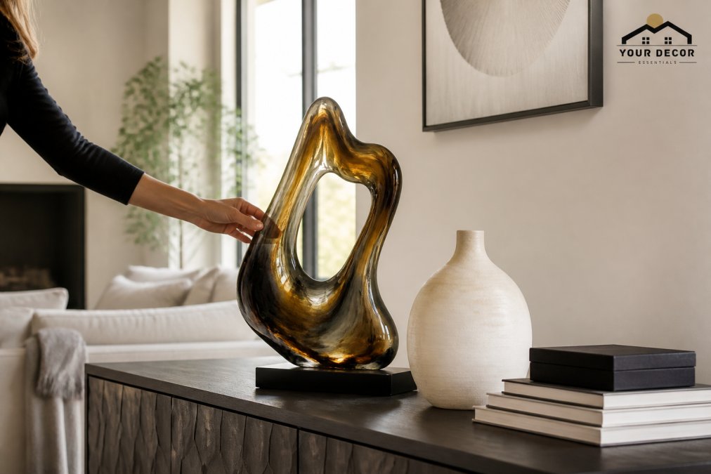 A bright modern living room with a large abstract resin sculpture on a console table, styled with stacked books and a ceramic vase. Natural light from a window highlights the glossy finish and translucent color depth. A person's hand adjusts the sculpture slightly.