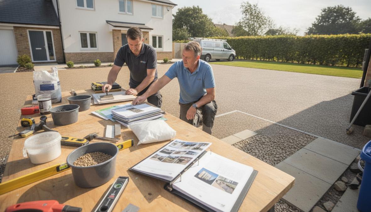 Homeowner meeting with professional resin driveway installer on property, reviewing driveway plans and discussing project details in natural daylight