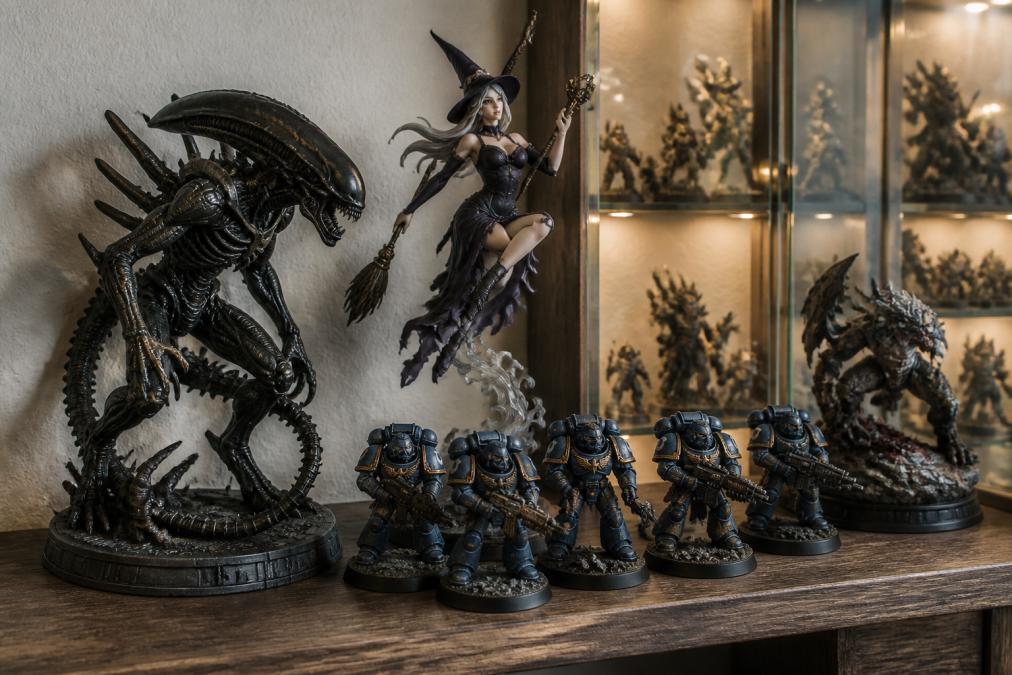 Collector's shelf featuring painted resin miniatures including an alien statue, a witch, and sci-fi soldiers.