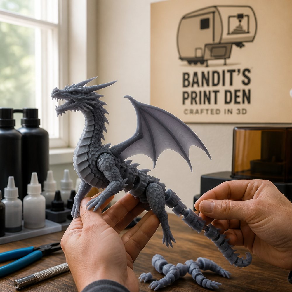 Close-up of hands carefully manipulating an articulated resin-printed dragon figure, demonstrating smooth joint movement and flexibility with natural window lighting illuminating the details