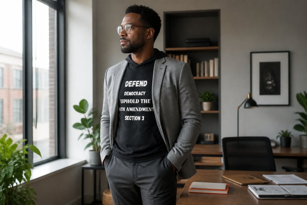 Person wearing a long-sleeve resist shirt layered under a neutral blazer with tailored trousers, standing in a professional office setting with natural window lighting
