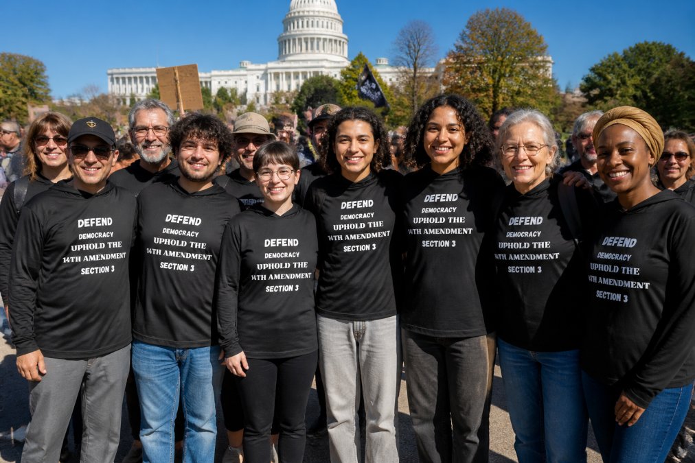 Diverse group of activists wearing matching resist shirts at an outdoor gathering, demonstrating unified messaging and collective action under bright daylight