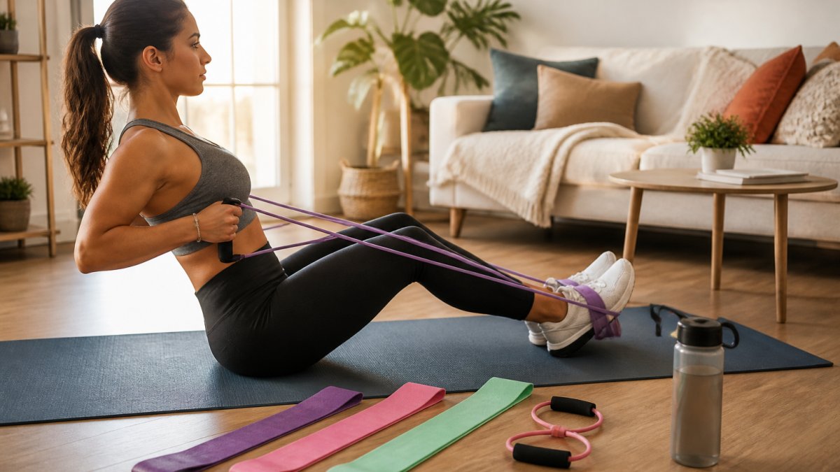 A person in a bright living room demonstrating a resistance band row, with three long fabric bands in purple, pink, and green laid out on a yoga mat beside a figure-8 band
