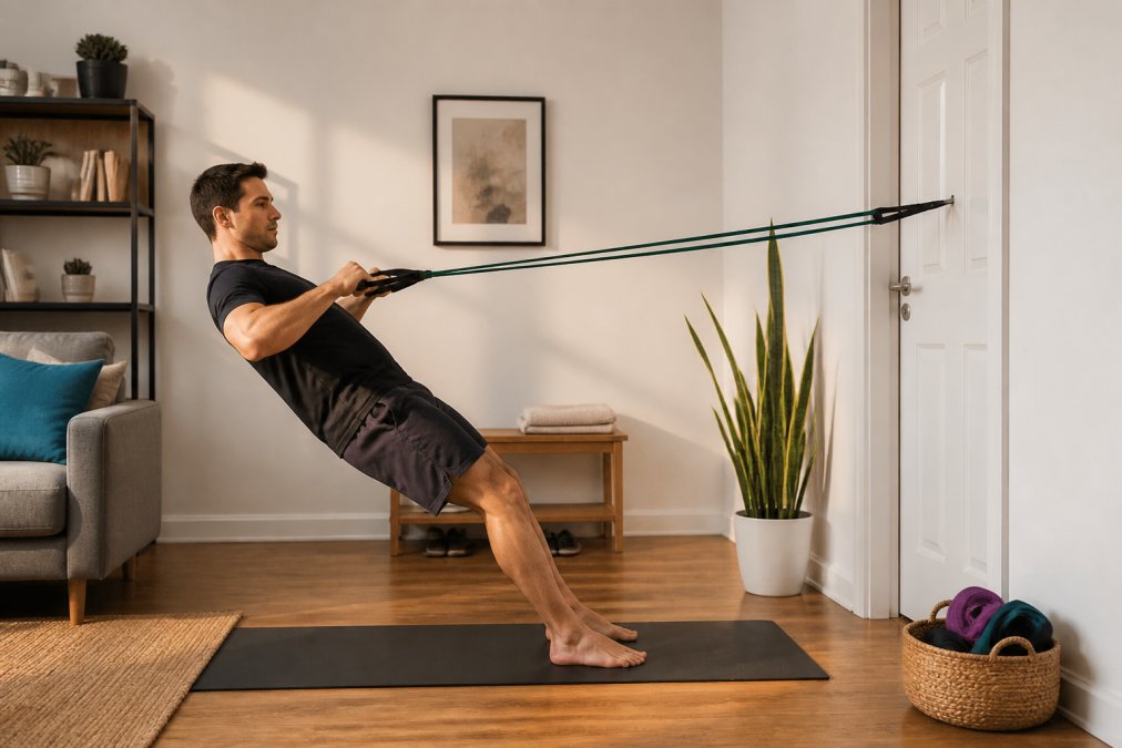 A person in their 30s performing a resistance band row in a compact, sunlit apartment living room, band anchored to a sturdy door frame, minimal furniture, a yoga mat on the floor, and a small storage basket with folded bands nearby