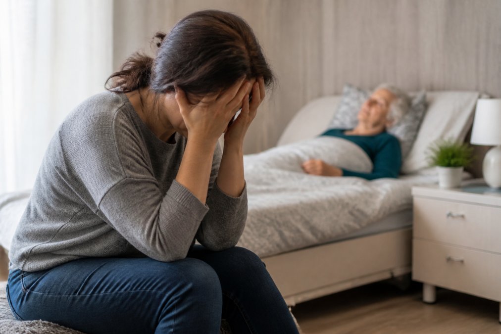 Adult caregiver sitting alone in a quiet room with head in hands, showing visible signs of exhaustion and emotional strain while caring for an aging parent in the background