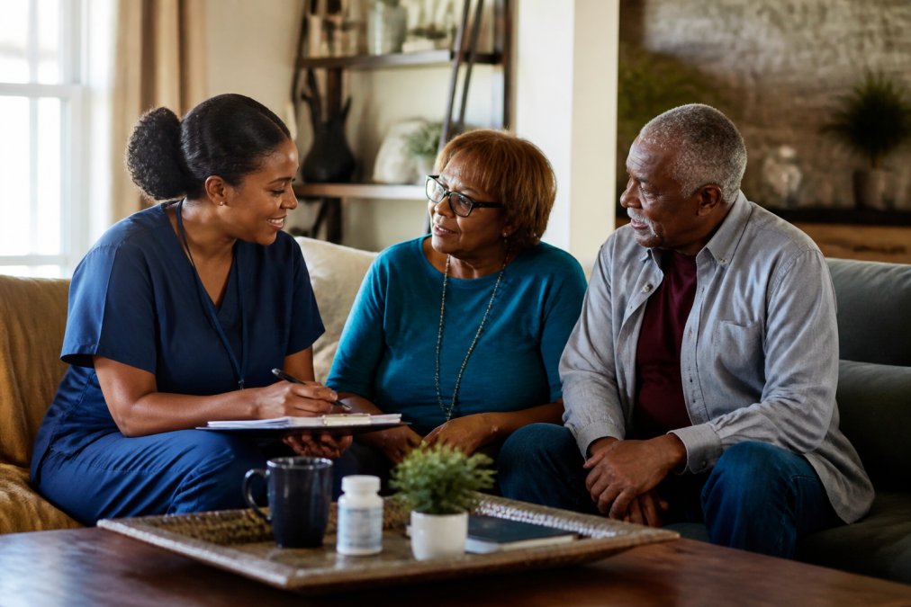 Adult child and aging parent meeting with a home healthcare professional in a warm, comfortable living room, discussing care options and building trust