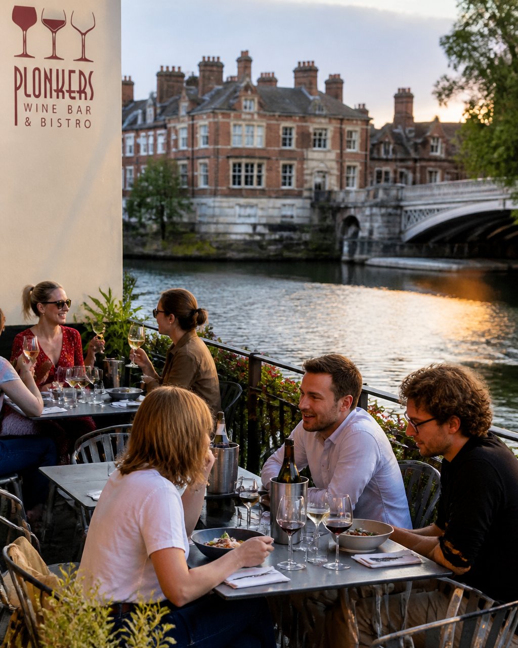 A warm, inviting riverside restaurant terrace in York with outdoor tables overlooking the River Ouse, people enjoying drinks and food, historic buildings in the background