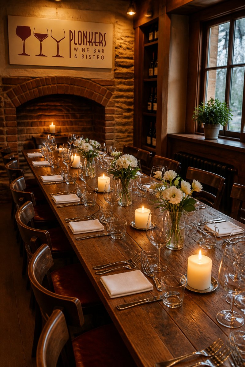 A private dining room in a historic York building with a long wooden table, warm candlelight, and place settings ready for a group celebration