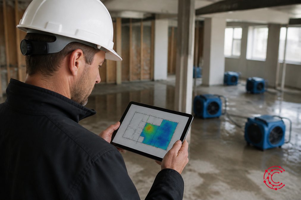 Project manager using restoration scheduling tools to monitor moisture mapping data in a damaged building