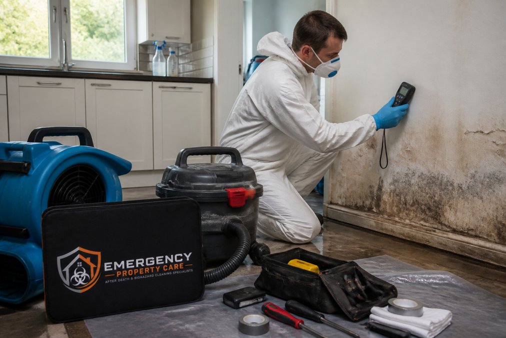 Illustration of a technician checking moisture in a water-damaged property