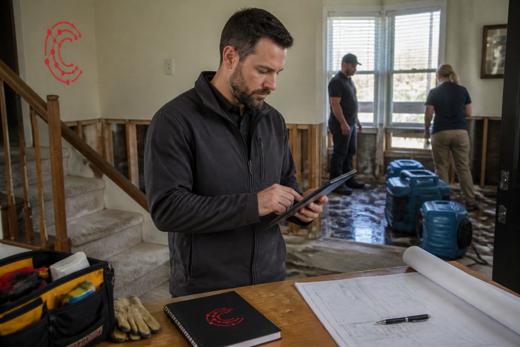 Restoration contractor reviewing job details and project documentation on a tablet at a water-damaged residential property with team members in background assessing damage